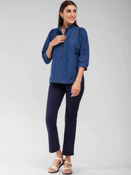 FABLE STREET - Cotton Relaxed Fit Puff Sleeve Band Collar Blue Women Top