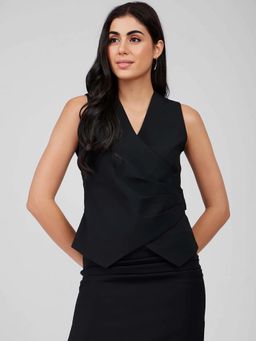 FableStreet - Polyester Tailored Fit Sleeveless V-Neck Wrap Design Black Women Top