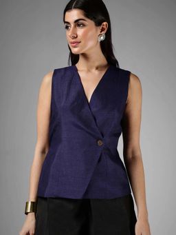 FableStreet - Polyester Regular Fit Sleeveless V-Neck Wrap Style Navy Blue Women Top