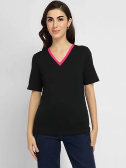 FableStreet - Cotton Lycra Regular Fit Short Sleeve V-Neck Black Women Tshirt