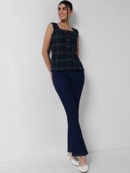 FableStreet - Cotton Relaxed Fit Sleeveless Square Neck Checks Blue Women Top