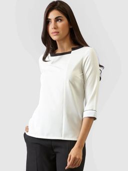 FableStreet - Polyester Regular Fit Three-Quarter Sleeve Boat Neck White Women Top