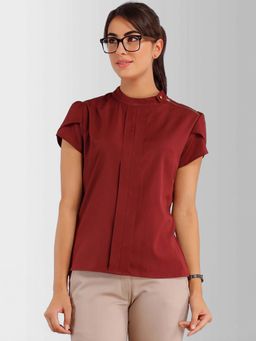 FableStreet - Polyester Regular Fit Short Sleeve Band Collar Maroon Women Top