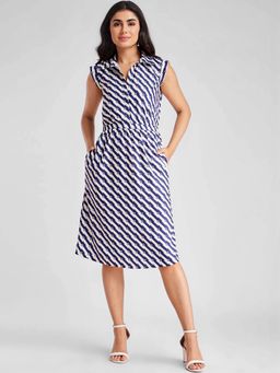 FableStreet - Blue Printed A-Line Dress