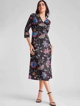 FableStreet - Black Printed Regular Dress