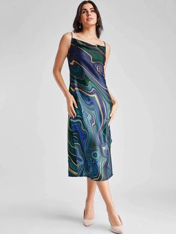 FableStreet - Navy Blue Abstract Slim Dress