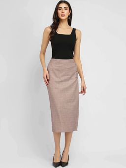 FableStreet - Brown Checks Straight Skirt