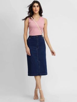 FableStreet - Navy Blue Solid Straight Skirt