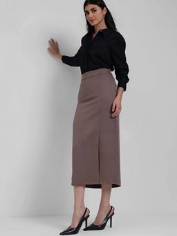 FableStreet - Brown Solid Straight Skirt