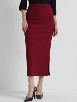 FableStreet - Maroon Solid Straight Skirt