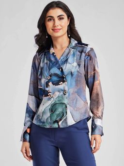 FableStreet - Blue Abstract Slim Shirt