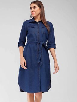 FableStreet - Navy Blue Solid Regular Dress with Belt
