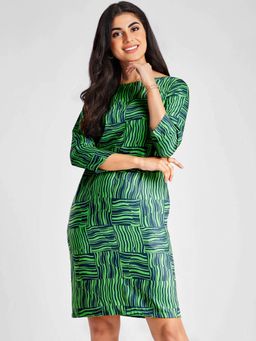 FableStreet - Satin Abstract Shift Green Women Dress