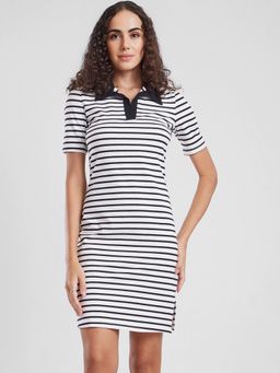 FableStreet - Cotton Striped Straight Fit White Women Dress