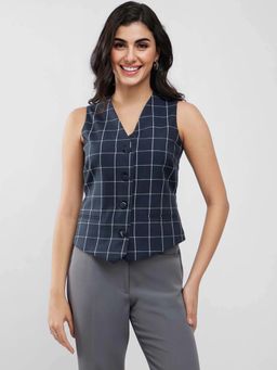 FableStreet - Checkered Tailored Sleeveless V-Neck Navy Blue Vest