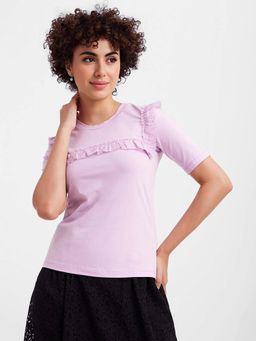 FableStreet - Short Sleeve Crew Neck Lavender Top