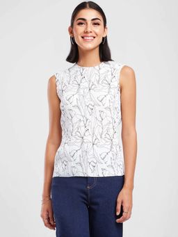 FableStreet - Women Crew Neck Floral White Top