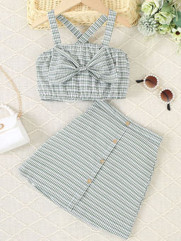 Hopscotch - Girls Green Checkered Blouse and Skirt (18-24 Months)