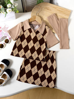 Hopscotch - Girls Khaki and Brown Argyle Print Blouse and Skirt with Pair Of Sleeves (3-4 Years)