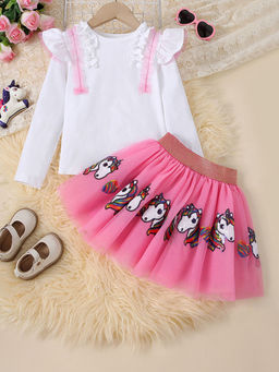 Hopscotch - Girls White and Pink Unicorn Embellished Ruffled Blouse and Skirt (2-3 Years)