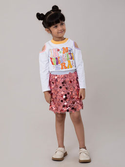 Hopscotch - Girls White and Pink Sequin Embellished T-Shirt and Skirt (4-5 Years)