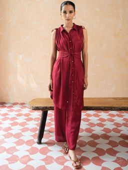 W - Maroon Solid Shantung Kurta with Pants (Set of 2)