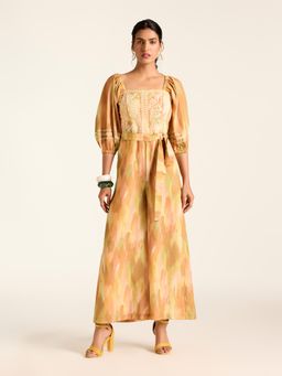 Label Ritu Kumar - Mustard Tropez Half Sleeves Emboirdered Jump Suit with Belt