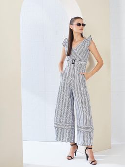 Miss Chase - Women'S Black and White V-Neck Wrap Relaxed Fit Regular Jumpsuit