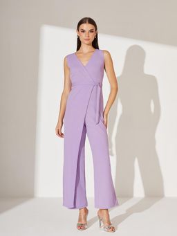 Miss Chase - Women'S Light Lavender V-Neck Sleeveless Solid Wrap Jumpsuit