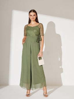 Miss Chase - Women'S Light Green Sweetheart Neck Solid Regular Jumpsuit