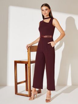 Miss Chase - Women'S Wine Collared Sleeveless Solid Cut-Out Regular Length Jumpsuit