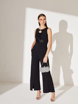 Miss Chase - Women'S Black Sleeveless Polyester Regular Jumpsuit