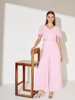 Miss Chase - Women'S Light Pink Georgette V-Neck Cape Solid Layered Regular Jumpsuit