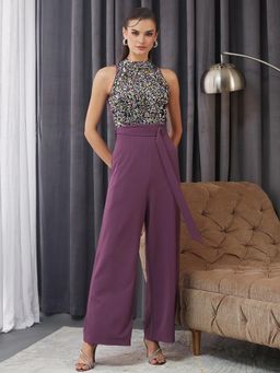 Miss Chase - Women'S Purple Sleeveless Round Neck Regular Jumpsuit
