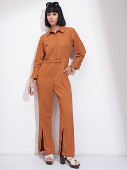 TOKYO TALKIES - Brown Shirt Collar Basic Jumpsuit