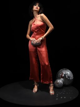 TOKYO TALKIES - Halter Neck Solid Satin Jumpsuit