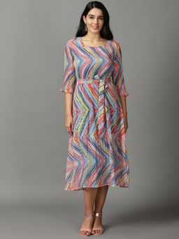 SHOWOFF - Womens Printed Round Neck Multi Midi Dress