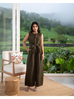 RUIAAN - Sable Olive Jumpsuit with Belt (Set of 2)
