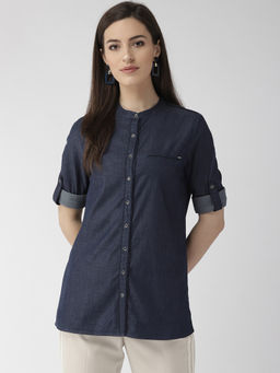Xpose - Women Navy Blue Comfort Regular Fit Solid Denim Casual Shirt