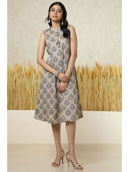 Soch - Womens Blue Cotton Blend Ethnic Motif Dress with Unstitched Sleeves