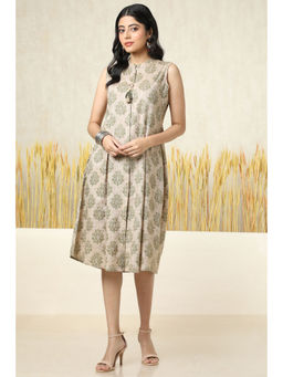 Soch - Womens Green Cotton Blend Ethnic Motif Dress with Unstitched Sleeves