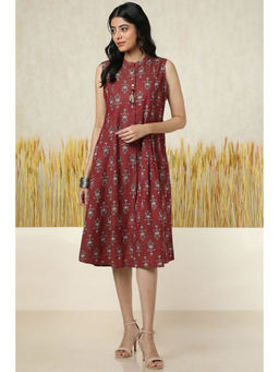 Soch - Womens Maroon Cotton Blend Ethnic Motif Dress with Unstitched Sleeves