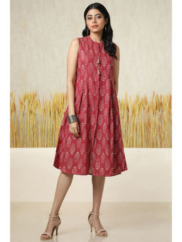 Soch - Womens Brick Red Cotton Blend Floral Print Dress with Unstitched Sleeves
