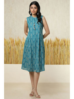 Soch - Womens Teal Cotton Blend Floral Print Dress with Unstitched Sleeves