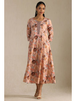 Soch - Womens Peach Cotton Flex Floral Print Dress