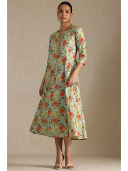 Soch - Womens Sap Green Cotton Flex Floral Print Dress