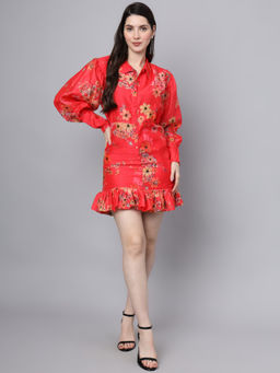Divena - Red Floral Printed Chanderi Dress