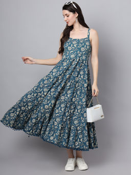 Divena - Blue Floral Printed Shoulder Strap Flared Dress