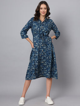 Divena - Navy Blue Printed Rayon A-Line Dress
