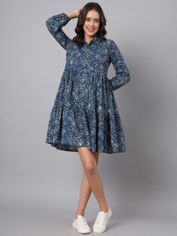 Divena - Navy Blue Geometric Print Cotton Flared Dress